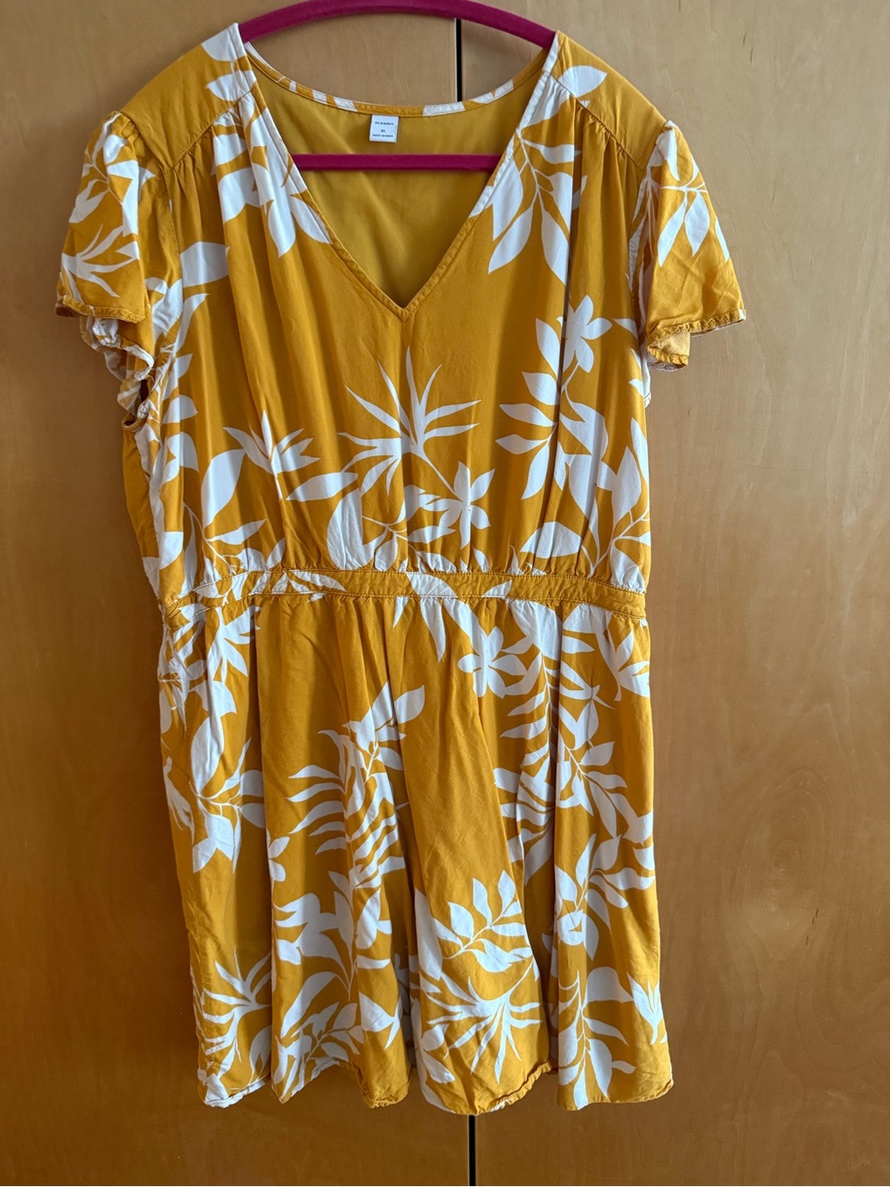 Old Navy Mustard Yellow Tropical Print V-Neck Dress